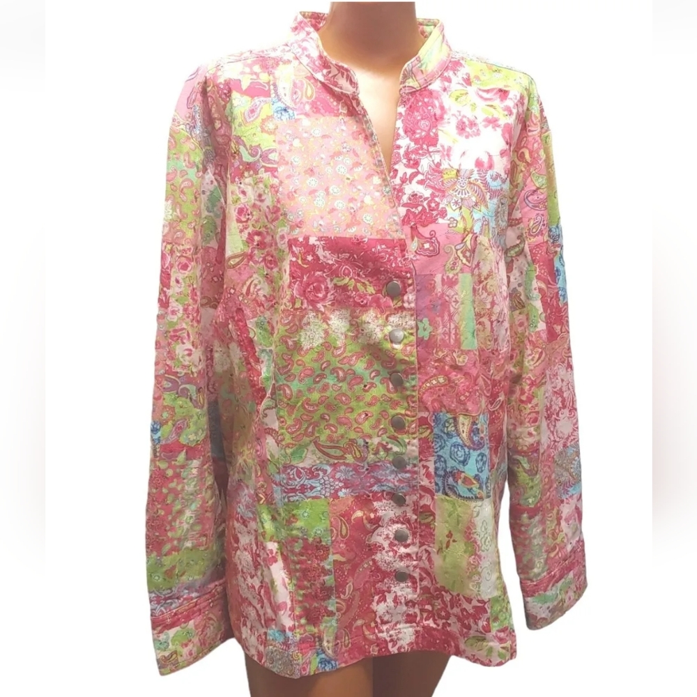 Boho Jacket Patchwork Pailsey Stretch Pink Floral Denim Eyelet Cottage Woman 2X